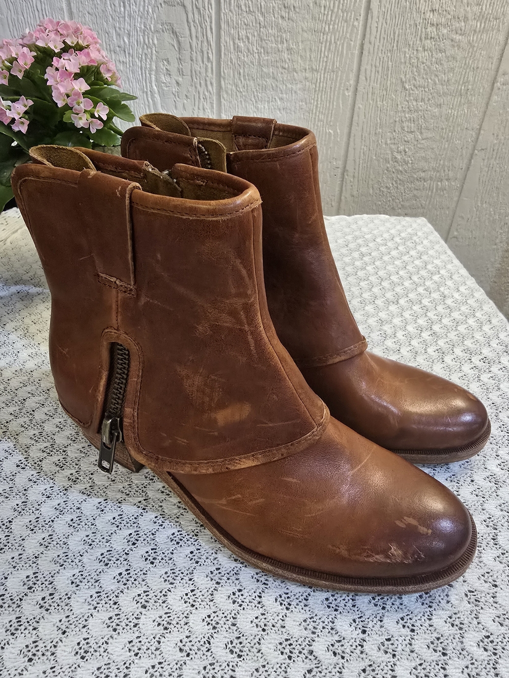 Kork-Ease Brown Leather Ankle Boots with Side Zip